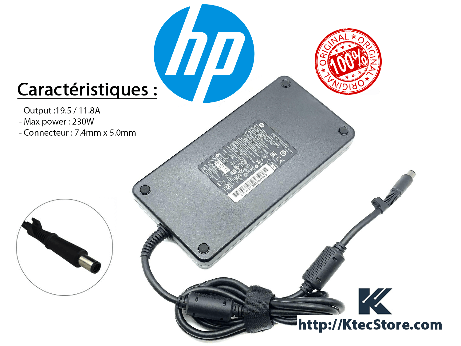 Chargeur HP 230W ORIGINAL 19.5V / 11.8A Connecteur 7.4mm x 5.0mm